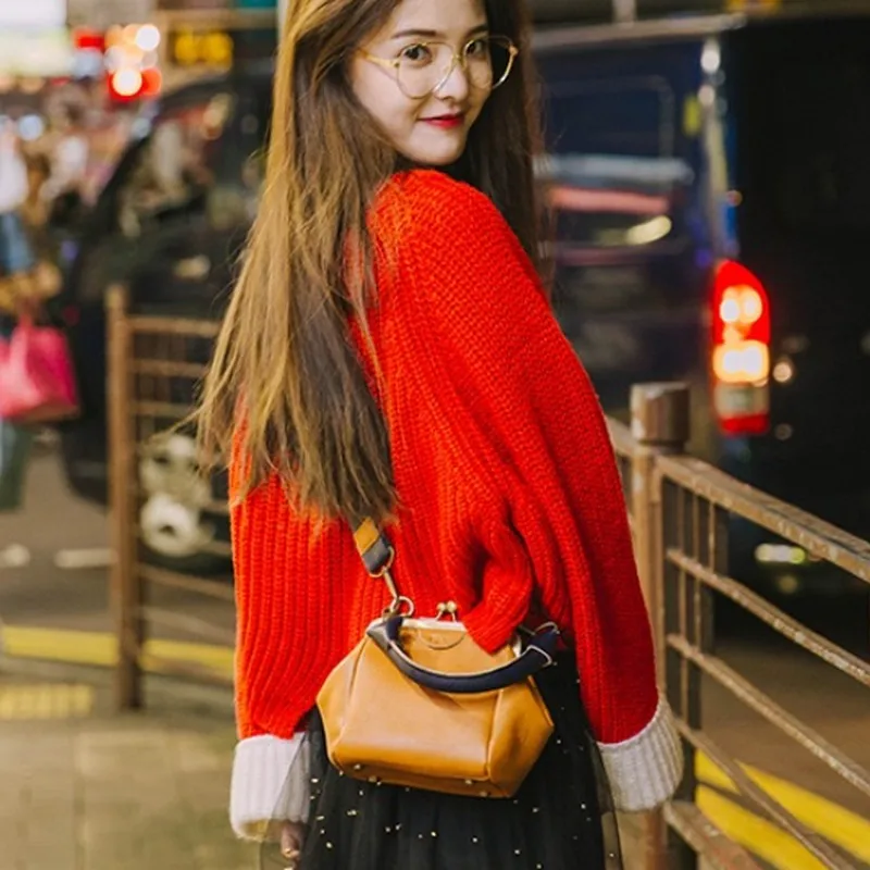 Fashion O-neck Women's Sweater Korean Vintage Color Block Cuffs Loose Bat Sleeve Pullovers Woman Winter 2019 | Женская одежда