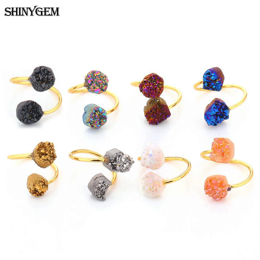 ShinyGem,, Винтажное кольцо с золотым покрытием, необычное двойное кольцо с друзами, кольца с регулируемым натуральным камнем для женщин, 5 шт./лот