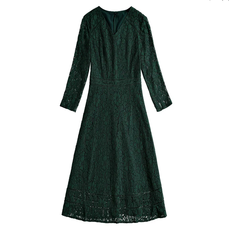 Женское кружевное платье с v-образным вырезом синее и зеленое элегантное