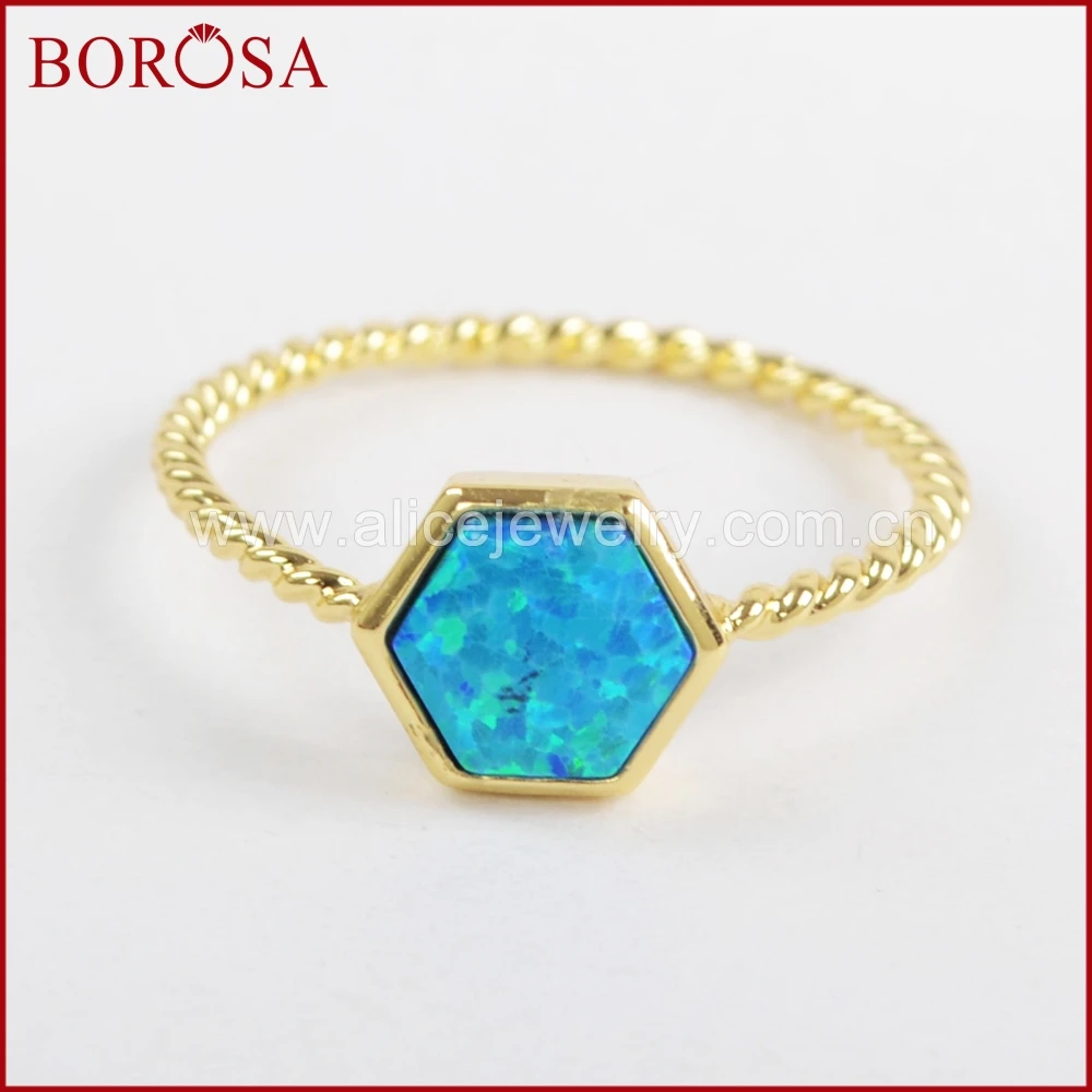 

BOROSA 10PCS Size 7 Gold Bezel 6x6mm Hexagon Japanese Opal Rings White/Blue Man-made Opal Rings for Women Druzy Jewelry ZG0243