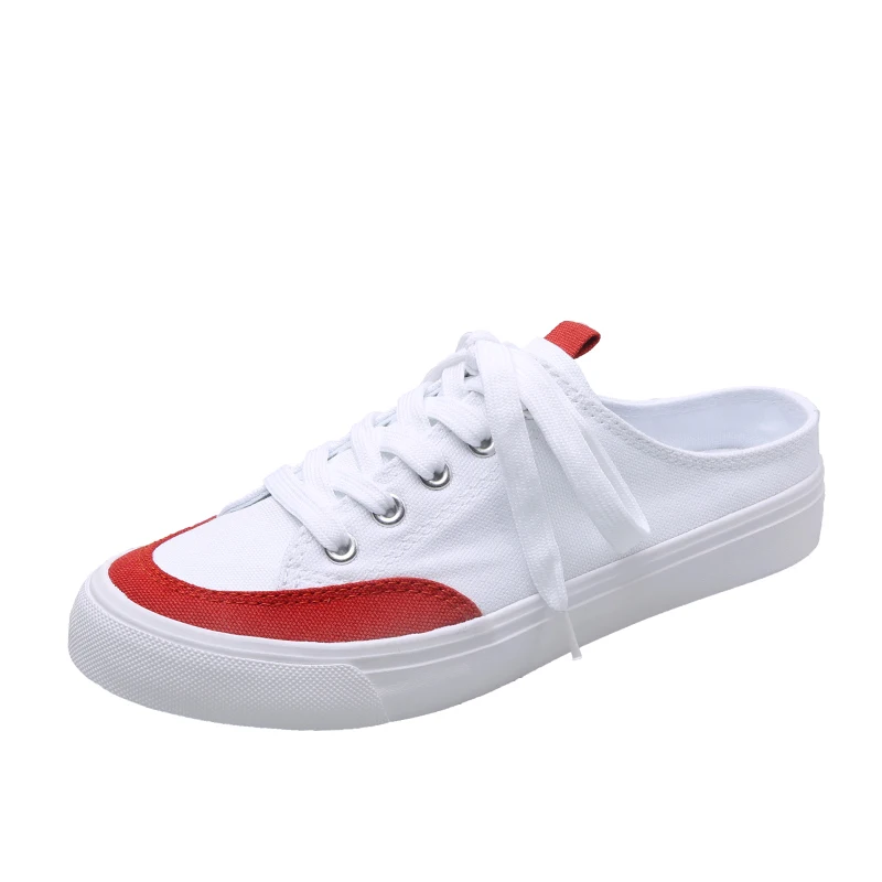 INS hot women Canvas shoes 22.5-25 cm length bottom shoes flat bottom half tow canvas shoes no heel lazy shoes Half slipper - Цвет: red
