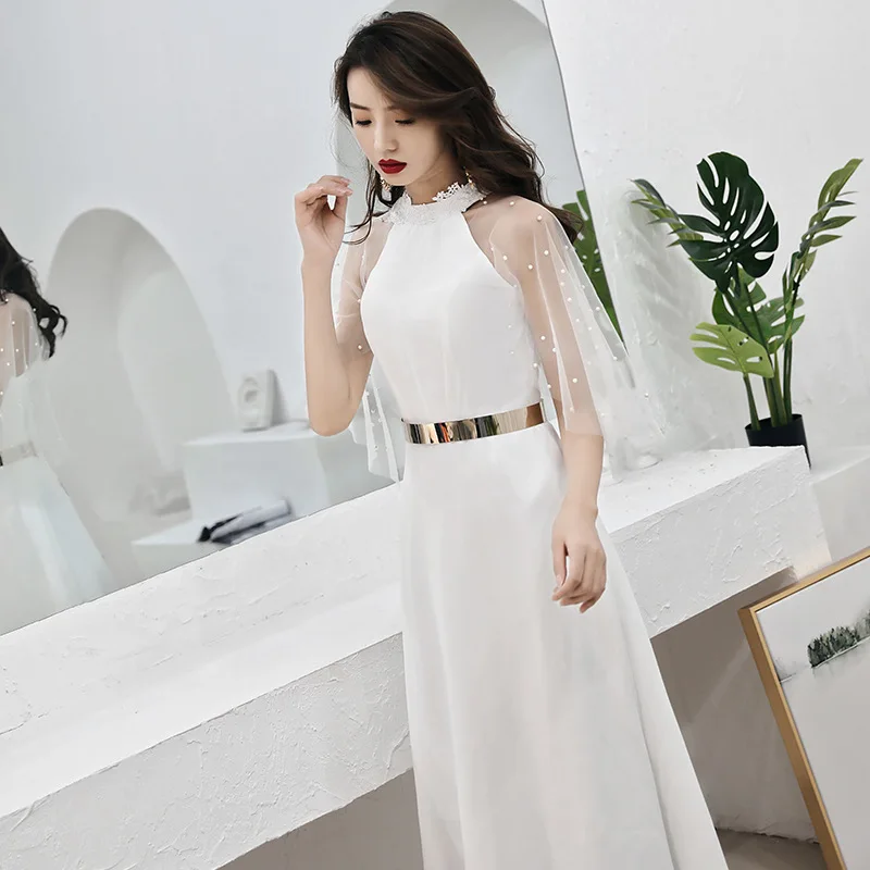 Vestidos De Gala Белые Простые Длинные платья с высоким горлом и бисером, женские вечерние кружевные платья размера плюс, платья для выпускного вечера E437