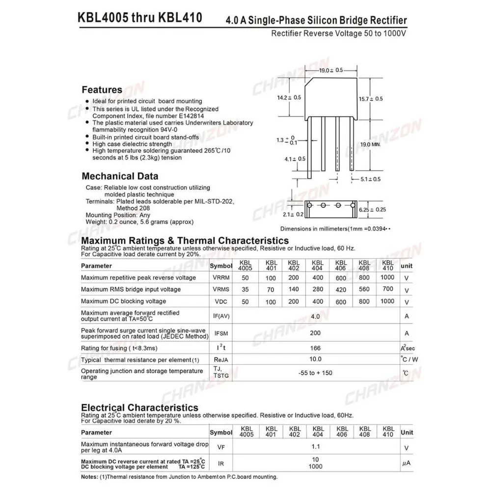 10 шт. KBL406 мост выпрямительный диод 4A 600 В KBL-4(SIP-4) однофазный полная волна 4 Amp 600 вольт кремния kbl 406