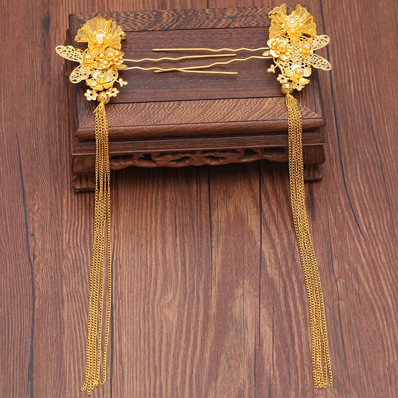 HIMSTORY Elegance Chinese Vintage Wedding Bridal Hair Accessory Traditional Gold Color Flower Bride Hair Combs Tiaras Hairwear