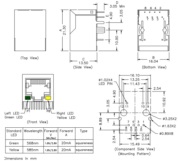 1000 шт. RJ45 Ethernet разъем с трансформатором и светодиодный гнездо PCB Модульные