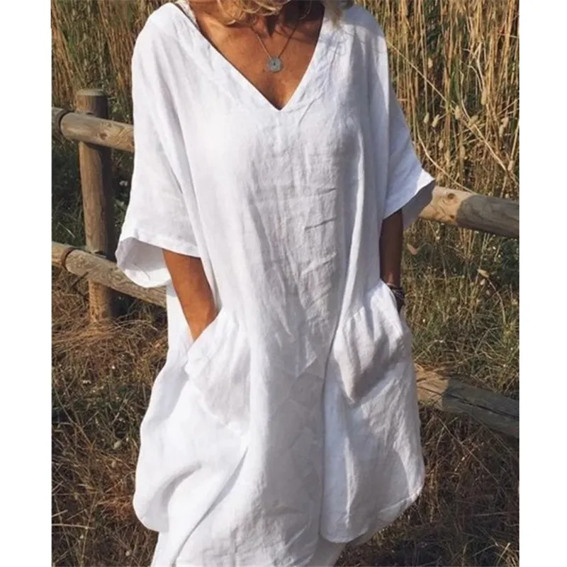 Casual Women Linen Cotton Dress Ladiess Printed Short Sleeve Loose Sundress O-Neck Baggy Pockets Mini Dresses | Женская одежда