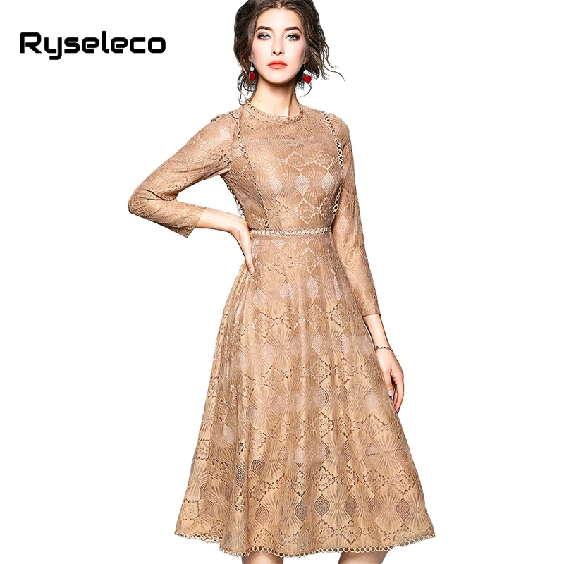 

Ryseleco Fashion Autumn Quality Floral Lace Patchwork Cutout Elegant Flare Party Dresses Women A-Line Casual Formal Midi Dress