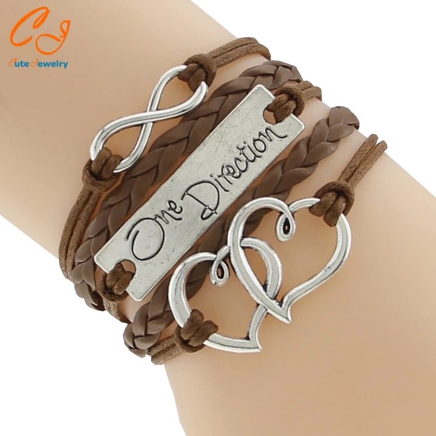 Модные кожаные браслеты в одном направлении с боковым сердцем Бесконечность