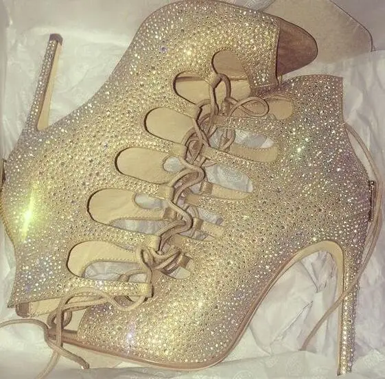 

Luxury Bling Bling Crystal Ankle Boots Women Peep Toe Lace-up Beige Gold Black Rhinestone Cut-out Gladiator Sandals Shoes Women