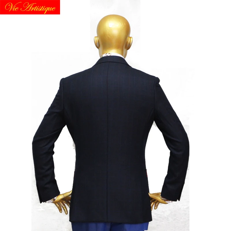 custom tailor made suits 3 pieces jacket pant vest Worsted wool Men's suit groom tuxedos heavy warm navy lattice plaid casual