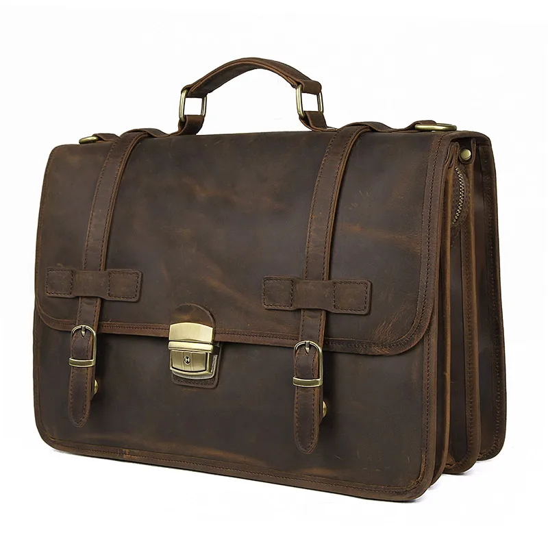 

Nesitu High Quality New Anti-thief Brown Thick Genuine Crazy Horse Leather A4 Office Men Briefcase Portfolio Messenger Bag M7397
