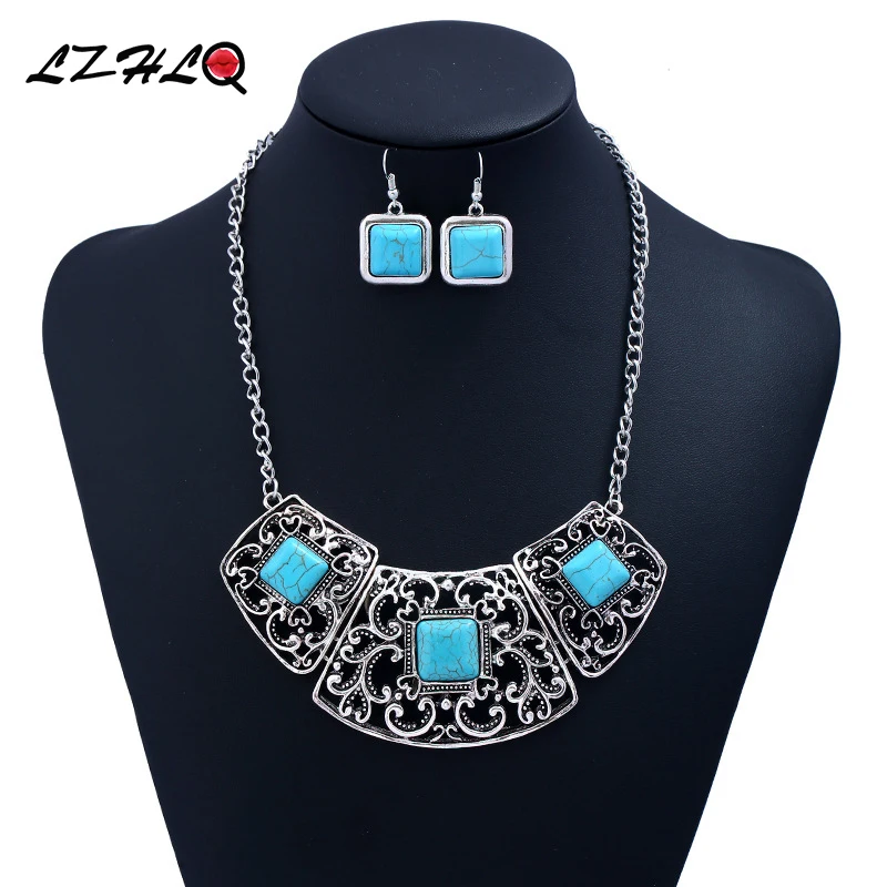 LZHLQ большой модный ретро геометрический сплав полый синтетический синий камень