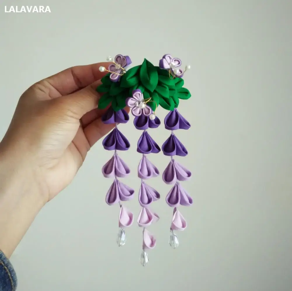 LALAVARA невесты wisteria кимоно Kanzashi заколки для волос фиолетовые желтые, розовые, белые зеленые цветы аксессуары для волос - Окраска металла: purple