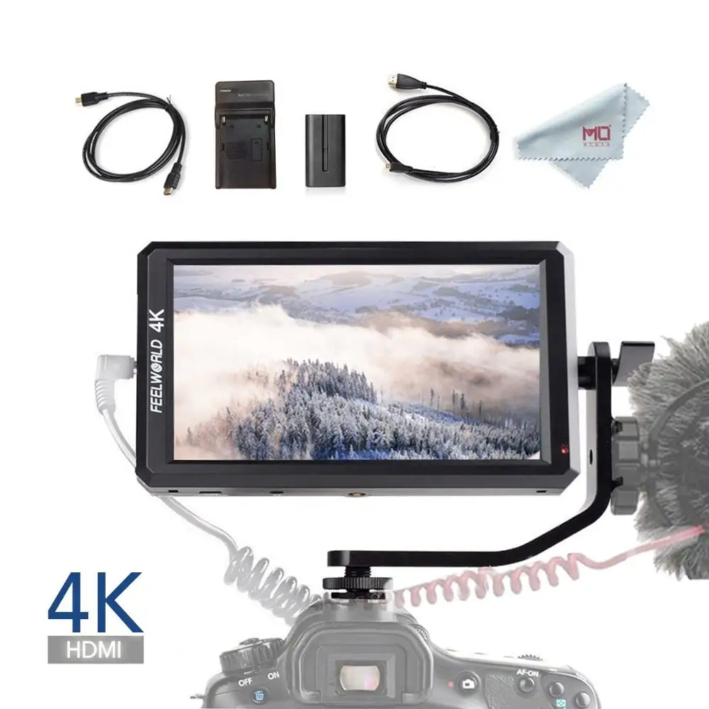 5,7-дюймовый Full HD монитор Feelworld F6 для прямого эфира, с рычагом наклона, 4K, HDMI-вход, DC, мощность 8 В для беззеркальных камер DSLR - Цвет: with Battery Pack