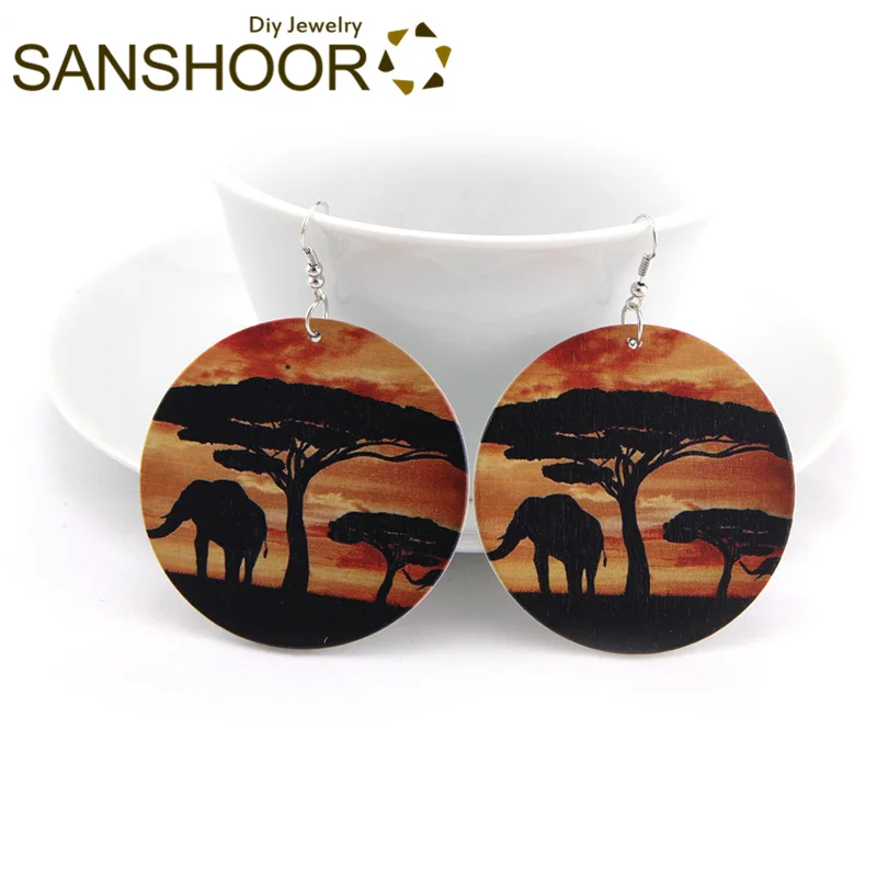 SANSHOOR 6 см Африканский рисунок деревянные серьги afroцентральное племя