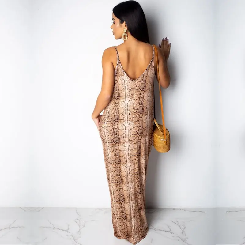 ZKYZWX под змеиную кожу сексуальным вырезом на спине и Maxi Dress Vestidos Для женщин
