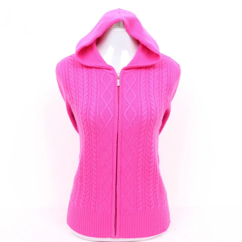 

100%goat cashmere twisted thicken knit women zipper hooded sweater cardigan coat rose red 9colors S/90-5XL/125