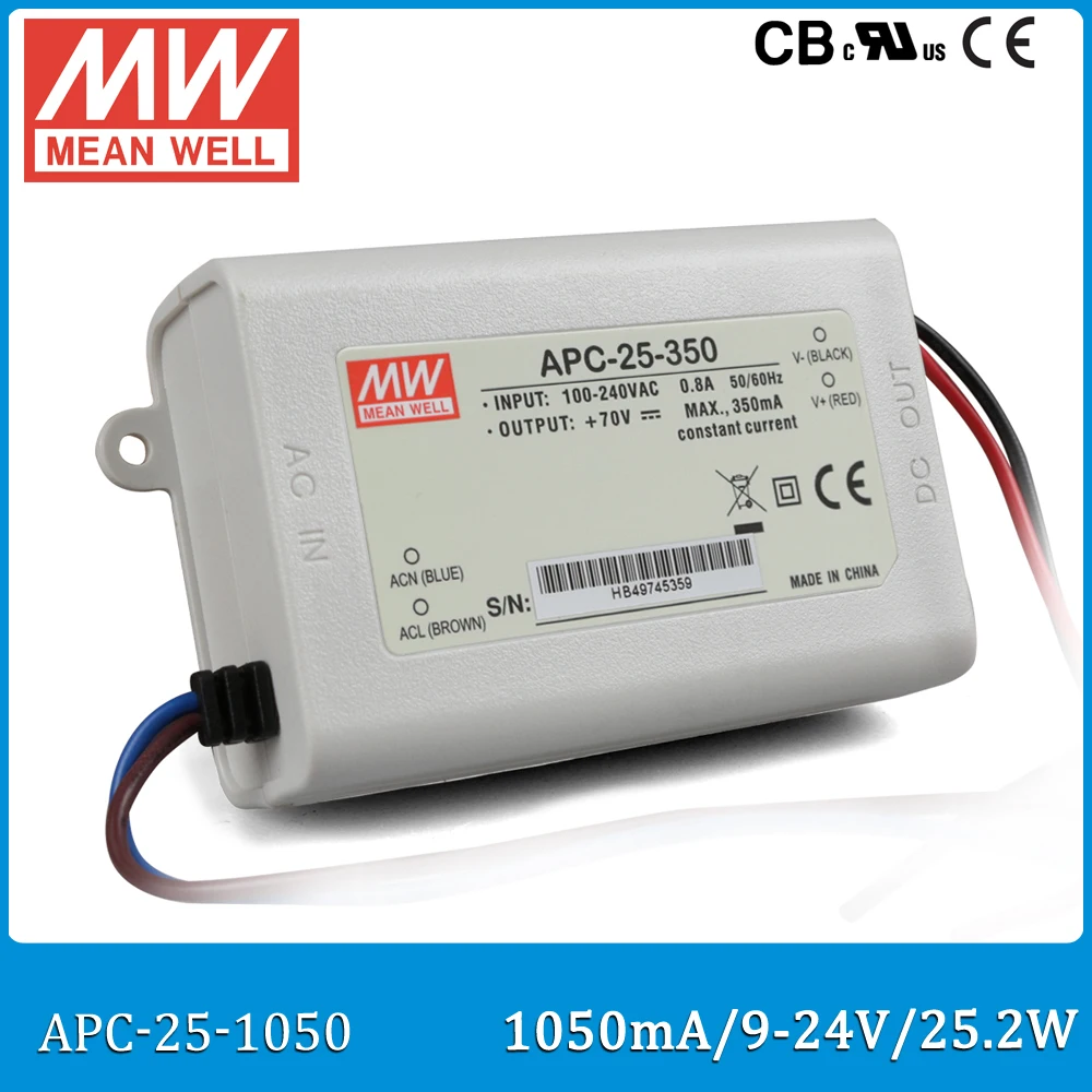 

Original Meanwell LED driver APC-25-1050 single output 25.2W 9~24V 1050mA Meanwell LED power supply APC-25 IP42