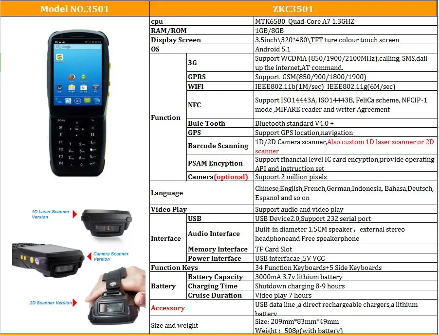 Портативный Android прочный КПК 3501 с RFID/сканер штрих-кода/wifi