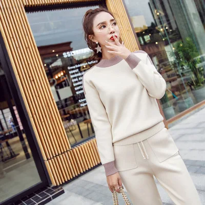 apricot color Женский зимний шерстяной и кашемировый вязаный теплый костюм с узором, свитер с круглым вырезом+ штаны, спортивный костюм, комплект из двух предметов, женские спортивные костюмы - Цвет: apricot color