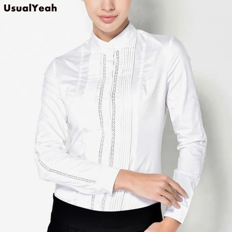 Женская блузка с длинным рукавом белая формальная воротником стойкой и кружевом