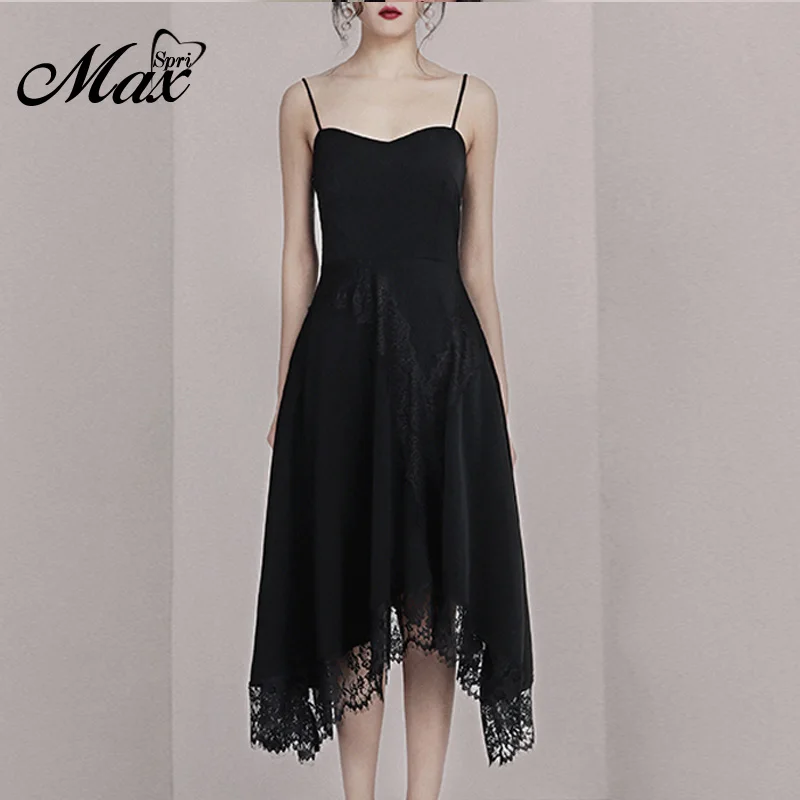 Женское вечернее платье трапеция Max Spri черное однотонное на тонких бретельках