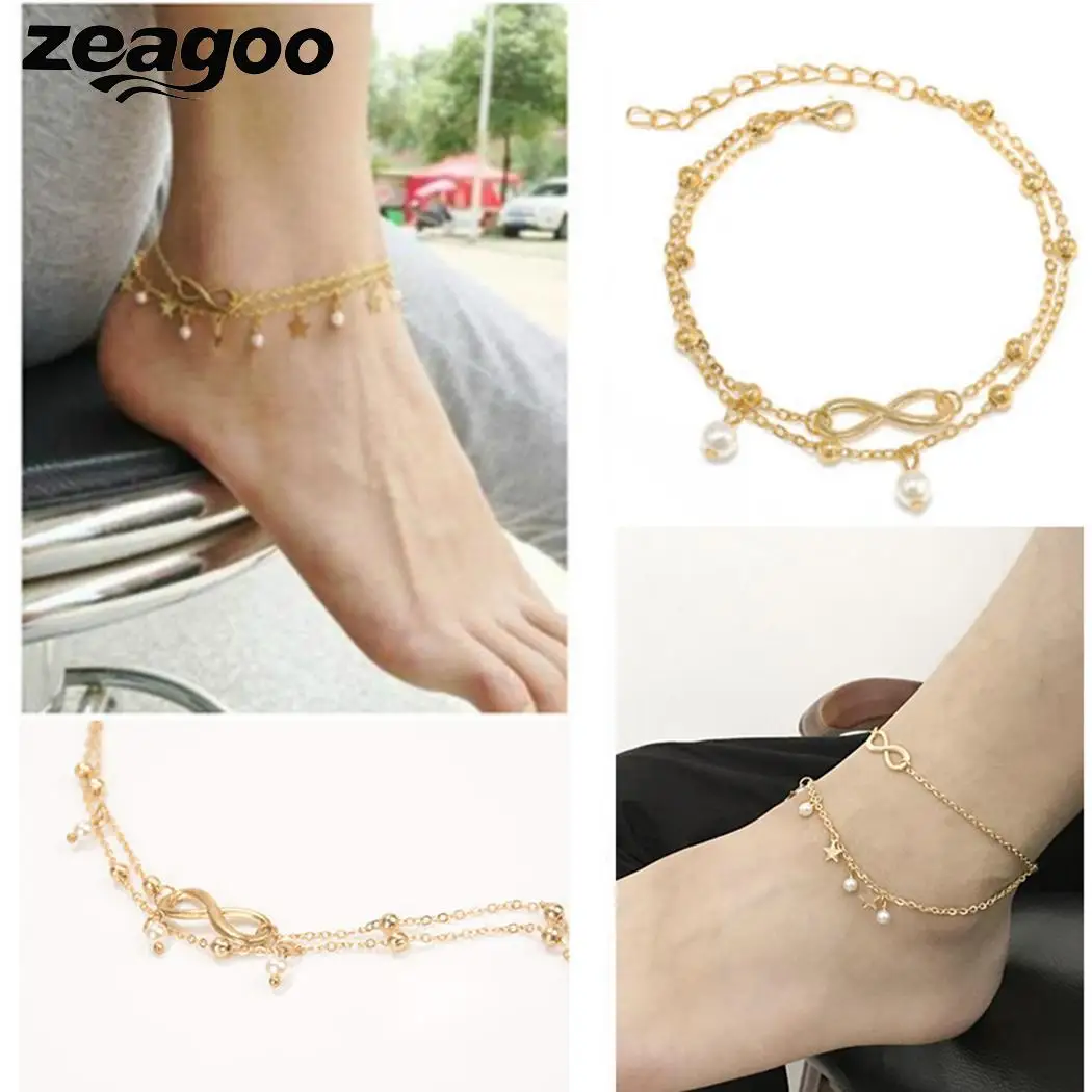 Zeagoo Пластик Pearl двухслойных символ бесконечности ножной браслет для Для женщин