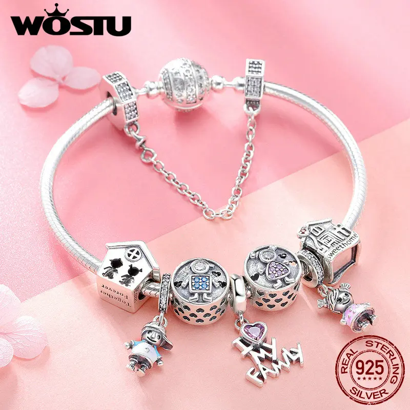 WOSTU 100% 925 пробы серебро я люблю свою Семья Sweet Home Шарм браслет для Для женщин милые