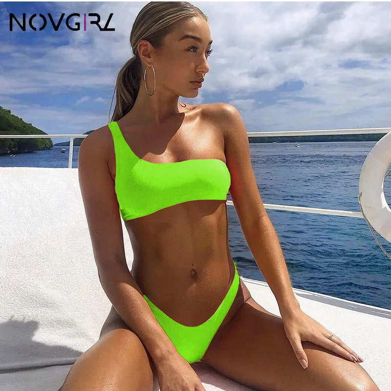 Женский купальник Novgirl неоновый зеленый розовый бикини на одно плечо с пуш-апом и