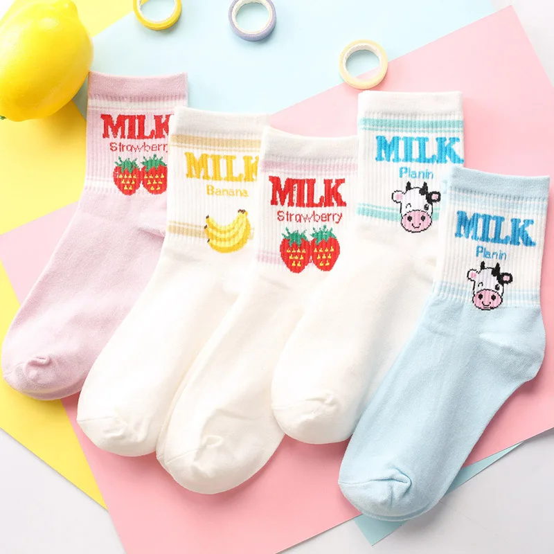 Kawaii из жаккардовой ткани с принтом клубники Молочный розовый/белый женский Носки