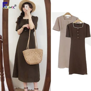 Винтажные милые платья, длинные женские летние, повседневные, с коротким рукавом, в стиле преппи, трапециевидного силуэта, из Рубашка-Платье на пуговицах хлопка и льна, 5127