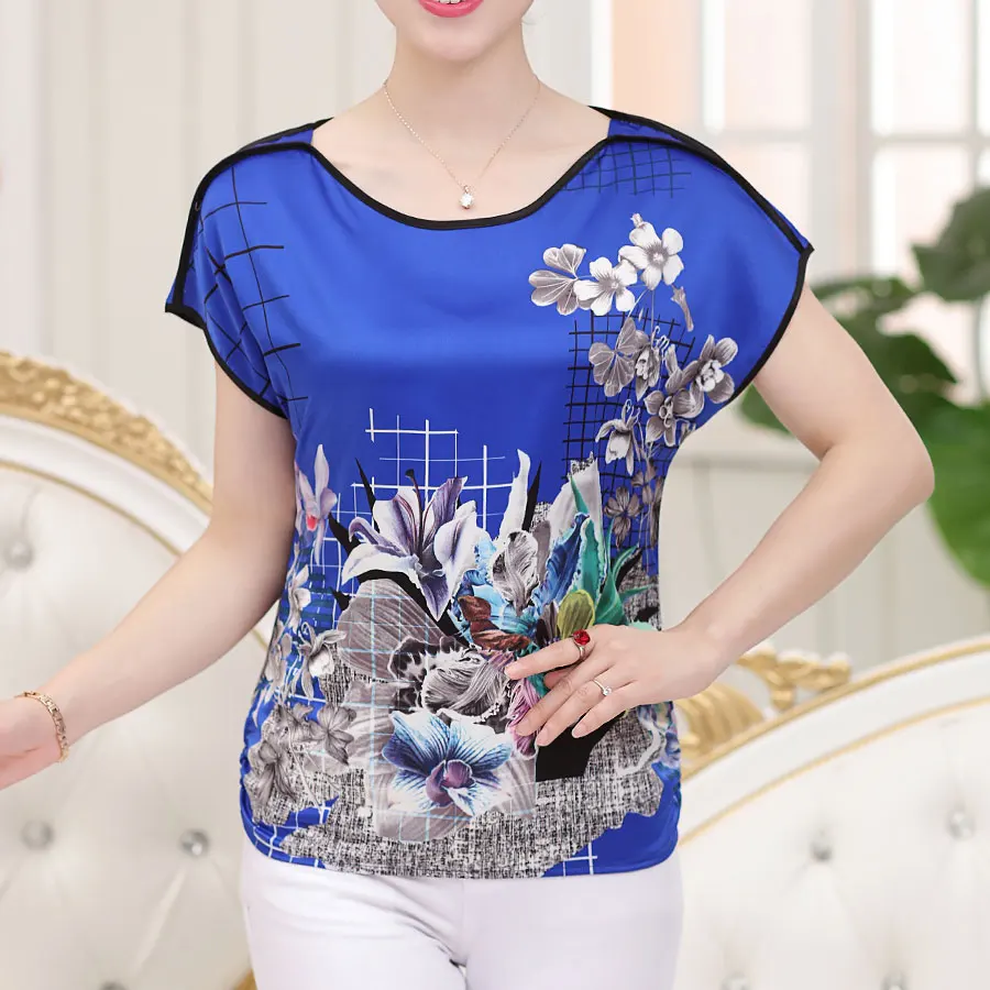 Футболка женская с рукавом летучая мышь Шелковый топ принтом Повседневная