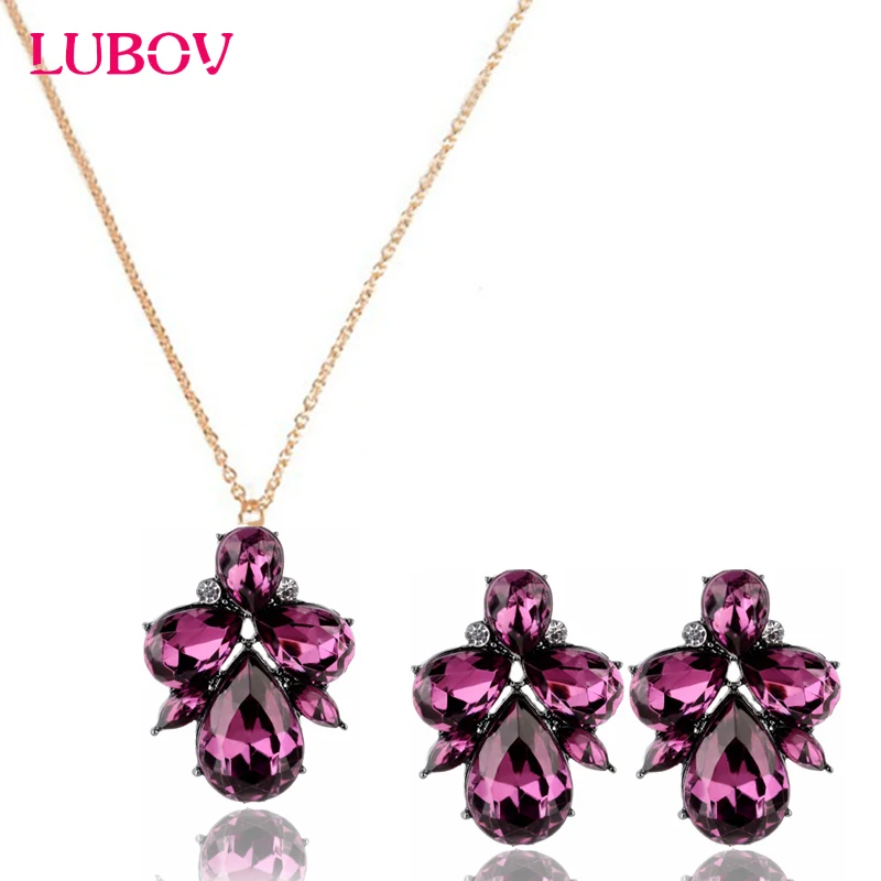 12 Colors Fashion Crystal Acrylic Stone Necklace and Stud Earrings Waterdrop Pendant Rhinestone Jewelry Set | Украшения и