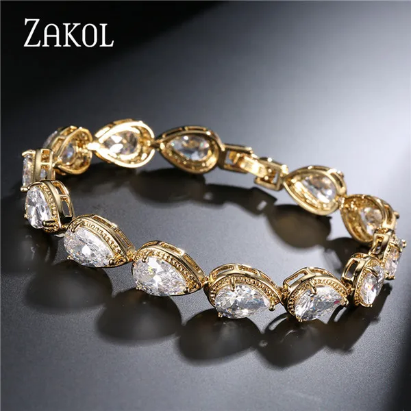 Gold Color ZAKOL Модные женские аксессуары роскошные Кубический Цирконий Капли Воды CZ браслет из натурального камня Свадебные украшения подарок FSBP055 - Окраска металла: Gold Color