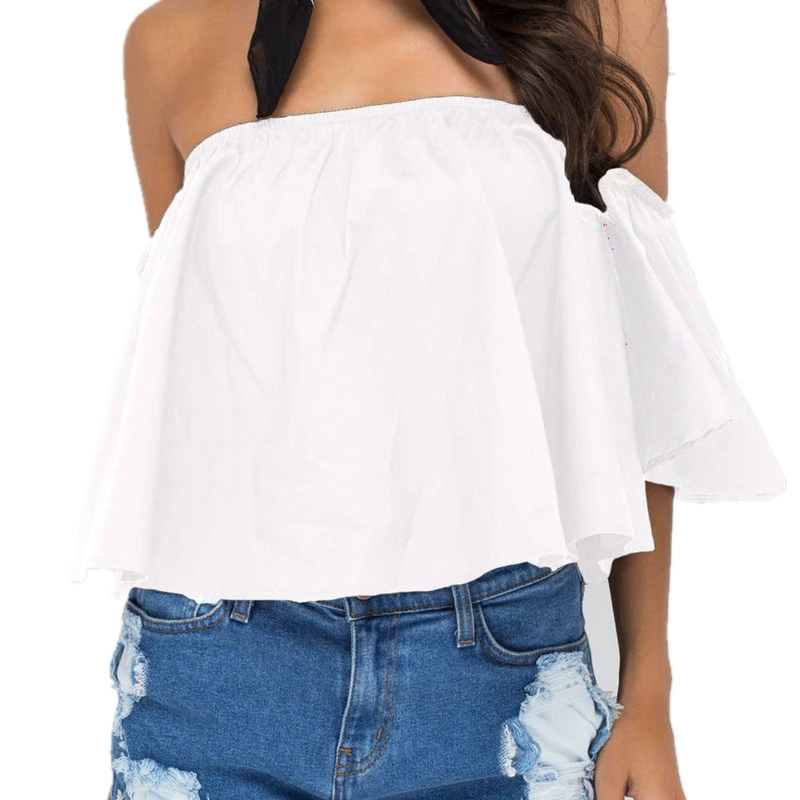 Сексуальный Топ Лифчики танки Slash шеи оборками мода знаменитости Короткие топы