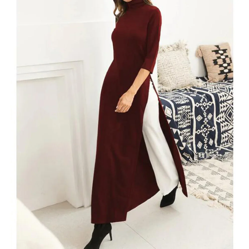 Женское модное зимнее длинное осеннее платье женское однотонное с рукавом 3/4
