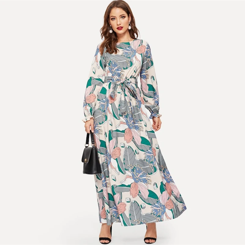 SHEIN Платье С Цветочным Принтом И Поясом Женское Весеннее Многоцветное Элегантное Платье С Длинными Рукавами