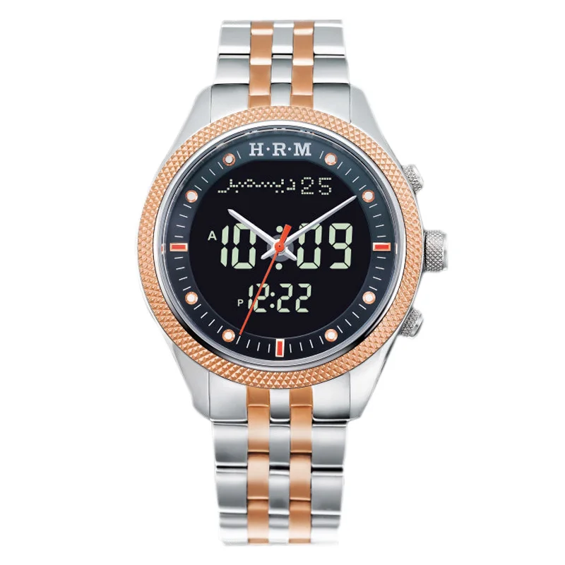Rose Gold Silver Harameen часы для мусульманских с Azan время молитвы и автоматическая Qibla 33,5 мм Циферблат из нержавеющей стали водонепроницаемый - Цвет: Rose Gold Silver