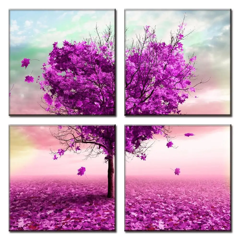 

4 Pieces purple heart love tree romantic Canvas Abstract Flower Painting Room Wall Beautify Sideboard Pictures Unframed
