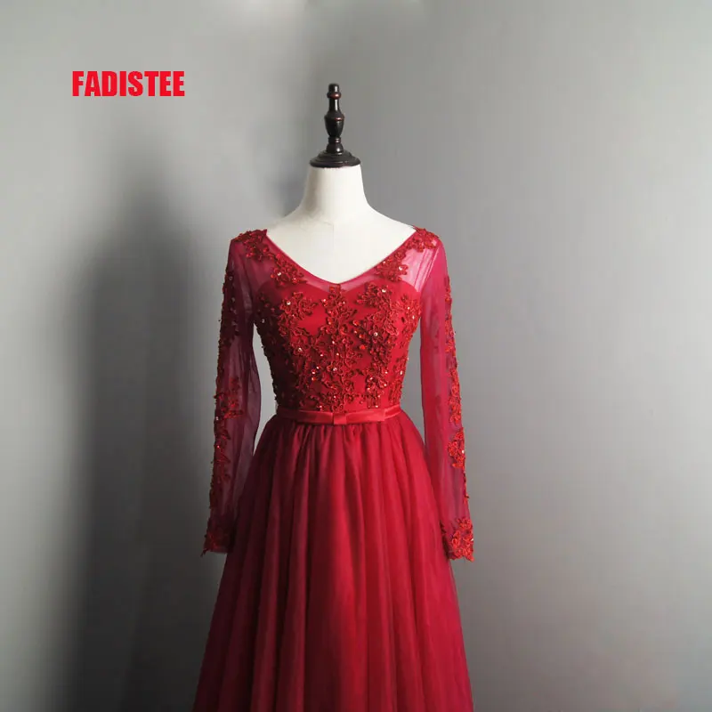 FADISTEE Новое поступление элегантное вечернее платье вечерние платья Vestido de Festa с аппликацией вечернее платье с вышивкой бисером полный рукав v-образный вырез сзади - Цвет: wine red