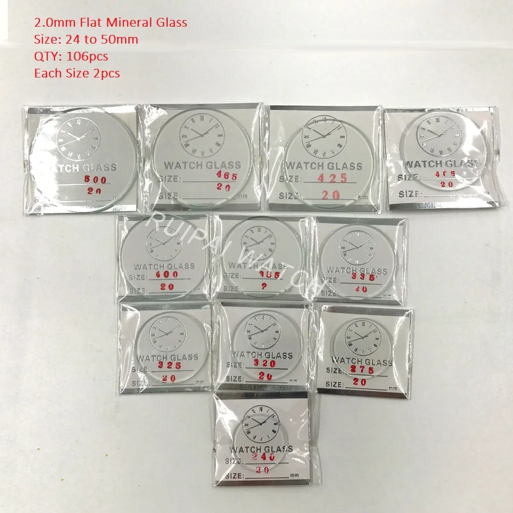 Wholesale 106pcs 2.0MM Thick Flat Mineral Watch Glass Select Size from 24mm to 50mm for Watchmakers and Repair