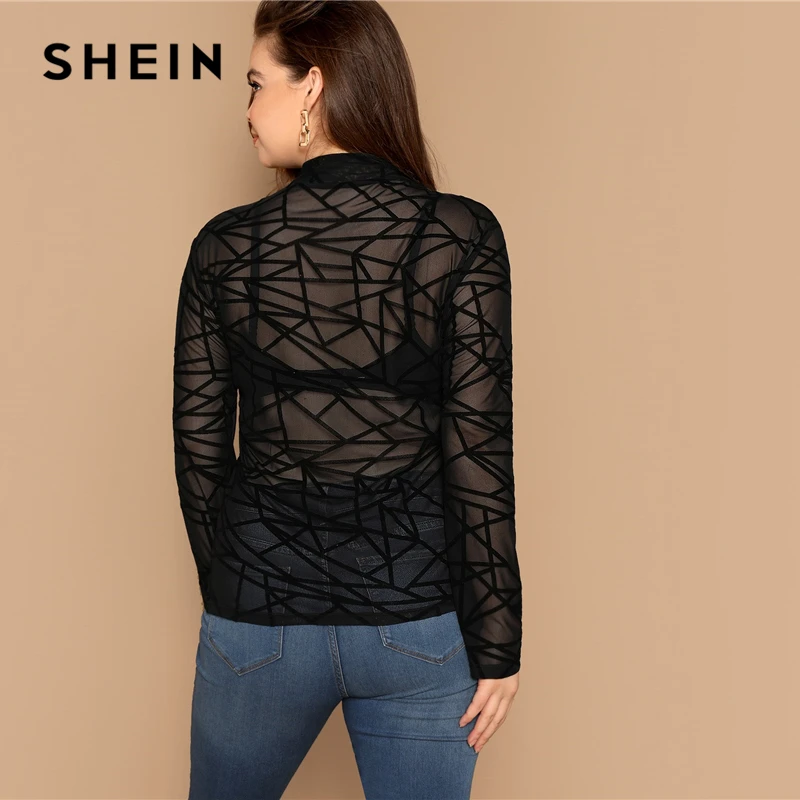 SHEIN Сексуальный Прозрачный Топ С Длинным Рукавом Облегающая Блузка Без Бра