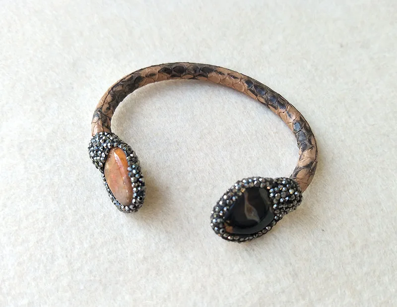 5pcs Natural Leather Druzy Pearl Stone Snake Bangle with Crystal Rhinestone Paved Jewelry Bracelet BG18 | Украшения и аксессуары