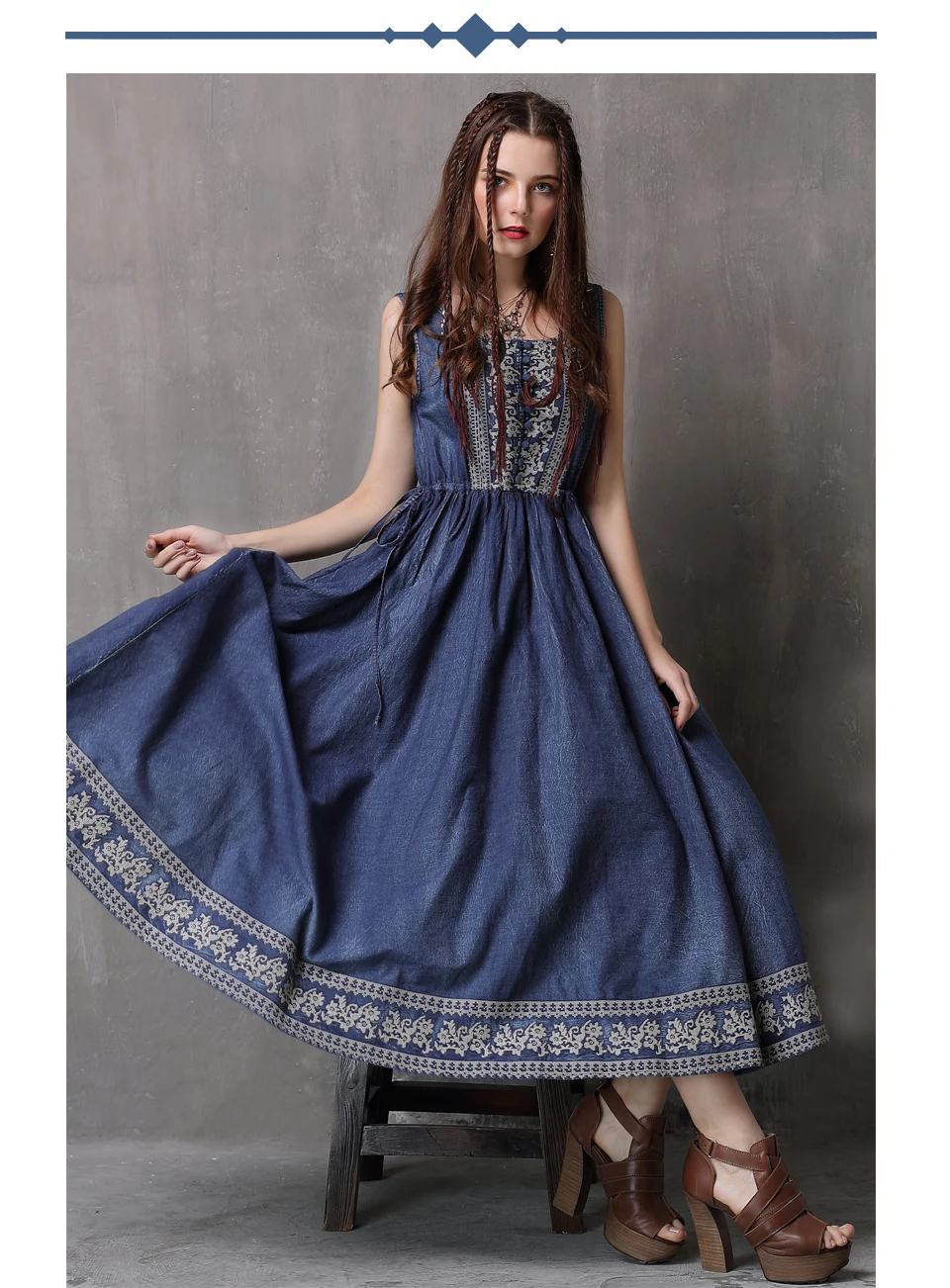 Летнее платье юзи. Может Boho новые джинсовые Для женщин платья трапециевидной формы, с круглым вырезом, качели и цветочной вышивкой сарафан A82077 Vestidos