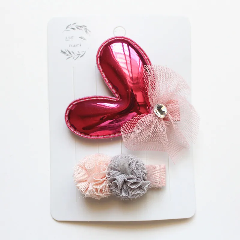 8sets/lot Lovely Hair Shinning Heart Clip Cute Kid Gauze Roll Double Pom Hairpin PU Leather 16pcs for Head |