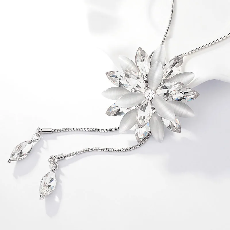 White Opal Crystal Sunflower Tassel Long Necklace For Women Fashion Jewelry Classic Sweater Necklaces &amp Pendants Bijoux | Украшения и
