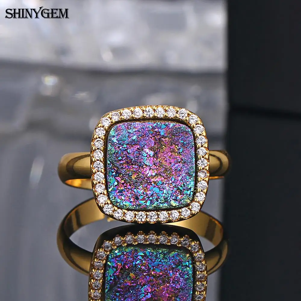 ShinyGem Sparkling Square Natural Rainbow Druzy Stone Inlay Zircon Adjustable Copper Wedding Engagement Rings For Women
