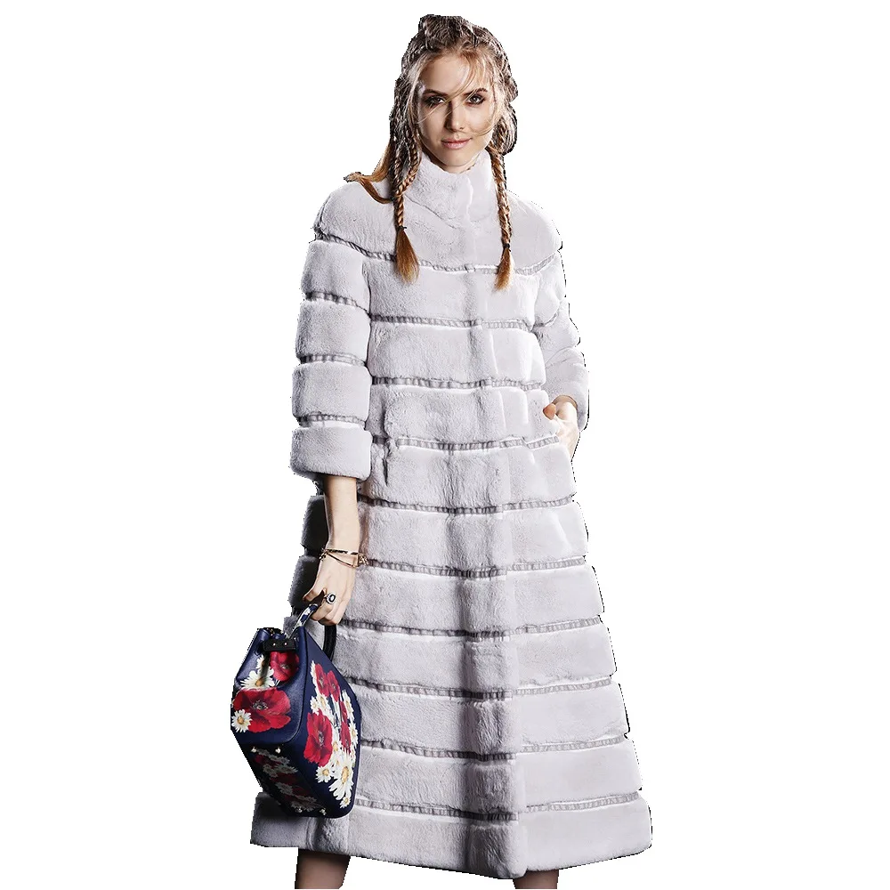 Женская зимняя длинная Меховая куртка с воротником стойкой LF4215|rex rabbit fur coat|outerwear