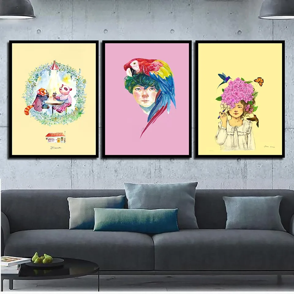 

Cartoon Boy And Girl Flowers Modern Home Decor Painting Nordic Minimalist Space Wall Art For Living Room Poster Canvas Unframed