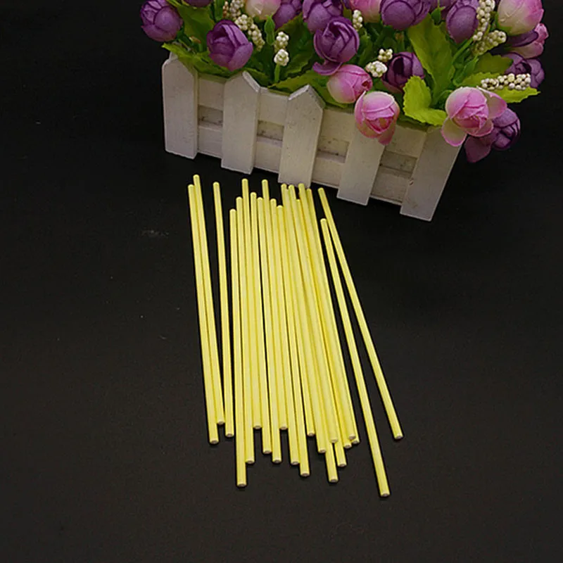 Yellow 15cm 50 шт./лот, цветная палочка для леденца, пищевая твердая бумажная палочка, поп-палочки для торта, для шоколадного, сахарного, конфетного, кондитерского украшения - Цвет: Yellow 15cm